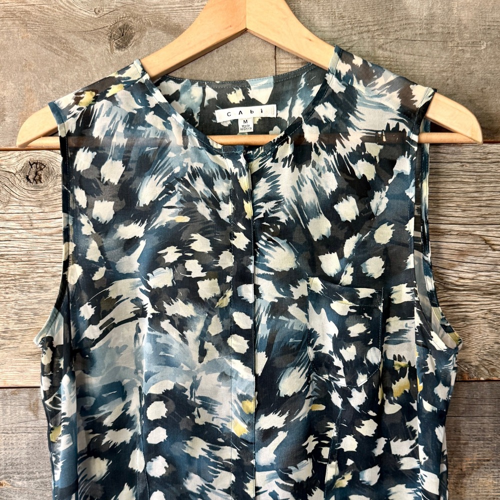 Cabi Avery Sleeveless Tunic Top M Blue Abstract Sheer Button Up‎ Ethereal Flowy